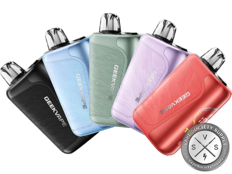 Five GeekVape GO pod systems in black, light blue, sage green, lavender, and coral red