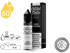 Lemon Raspberry Coastal Clouds 60ml bottle and box with a 70/30 VG/PG icon and nicotine strength icons
