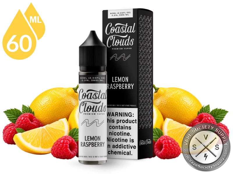 Lemon Raspberry Coastal Clouds 60ml bottle and box with lemons and raspberries