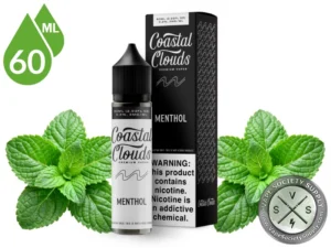 Menthol Coastal Clouds 60ml bottle and box with fresh mint leaves