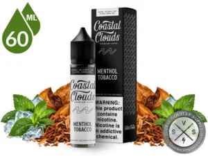 Menthol Tobacco Coastal Clouds 60ml bottle and box with tobacco leaves, mint leaves and ice