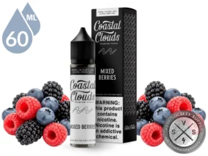 Mixed Berries Coastal Clouds 60ml bottle and box with blackberries, raspberries and blueberries