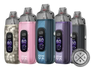 Five OXVA VPRIME 2 pod kits in Shard Gold, Mirage Pink, Mirage Blue, Mirage Purple and Black Carbon