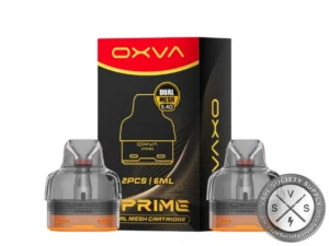 OXVA VPRIME Dual Mesh Cartridge box, 2 pcs and 6mL, with two clear pods with orange bases
