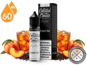 Peach Tea Coastal Clouds 60ml bottle and box with glasses of iced tea, peaches and tea leaves