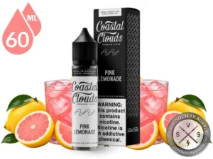 Pink Lemonade Coastal Clouds 60ml bottle and box with glasses of pink lemonade, lemons and pink grapefruit