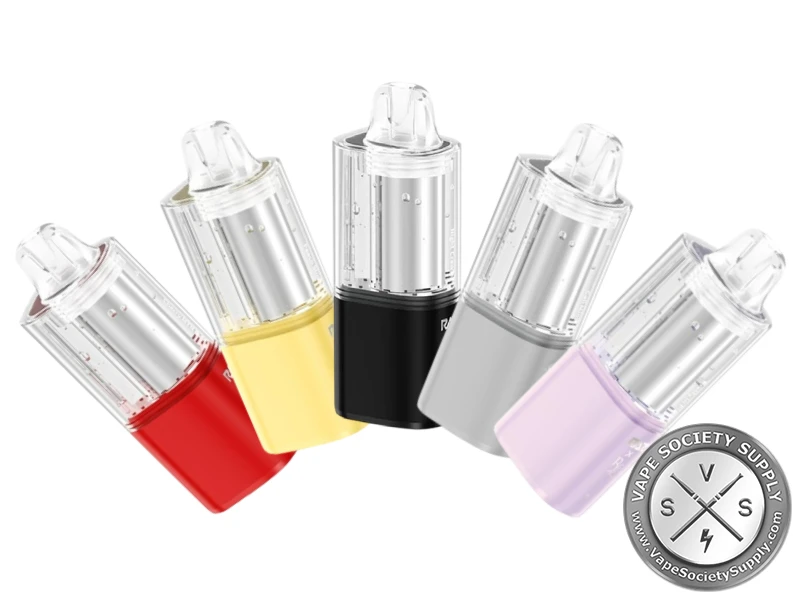 Five RAZ x RYL VUE 70K Disposable Pods with red, yellow, black, gray, and lilac bases