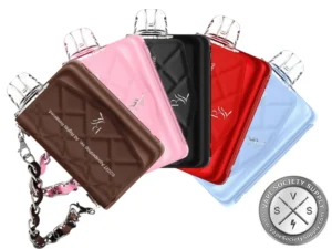 Five RAZ x RYL VUE 70K Disposable Kits in brown, pink, black, red, and light blue, one with a chain strap