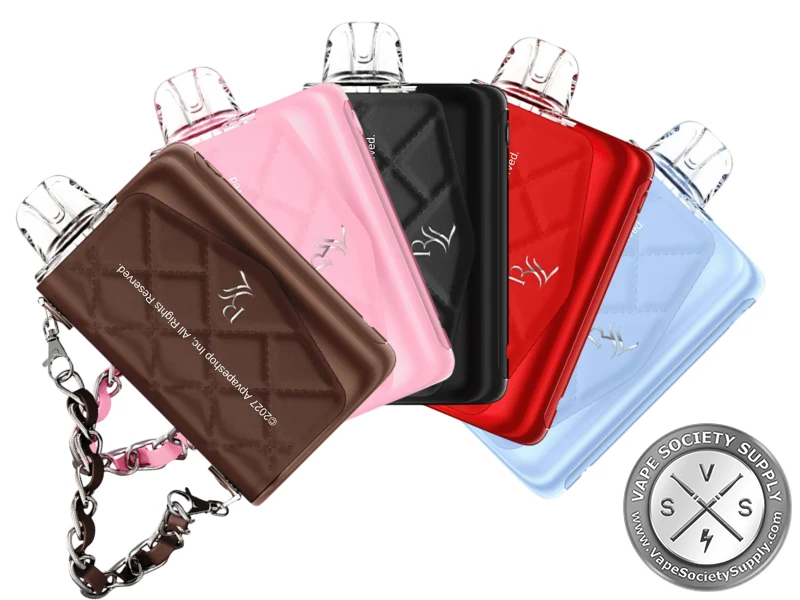 Five RAZ x RYL VUE 70K Disposable Kits in brown, pink, black, red, and light blue, one with a chain strap