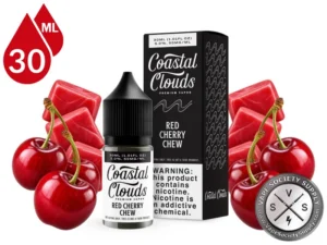 Red Cherry Chew Coastal Clouds Salt 30ml bottle and box with red cherries and red fruit chews