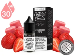 Strawberry Chew Coastal Clouds Salt 30ml bottle and box with strawberries and pink fruit chews