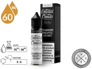Strawberry Pineapple Coconut Coastal Clouds 60ml bottle and box with a 70/30 VG/PG icon and nicotine strength icons