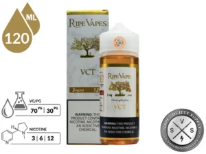 VCT by Ripe Vapes 120ml bottle with a 70/30 VG/PG icon and nicotine strength icons