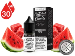 Watermelon Chew Coastal Clouds Salt 30ml bottle and box with watermelon slices and red fruit chews