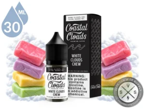 White Clouds Chew Coastal Clouds Salt 30ml bottle and box with pink, purple, yellow and green fruit chews on white clouds